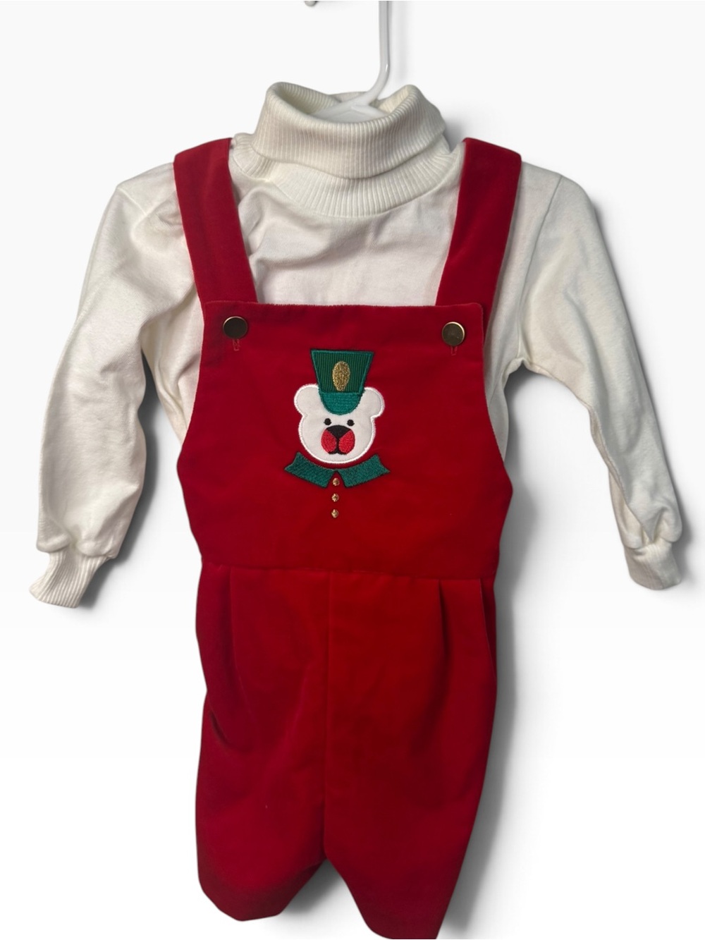 Vintage Florence Eiseman Holiday Overalls Set- Nutcracker Bear Red Velour